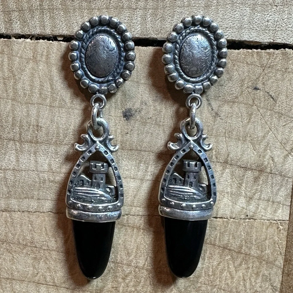 VTG ANNI‎ Stud Dangle Earrings 1.875 Inch Castle Black Onyx 925 Sterling 10.6g